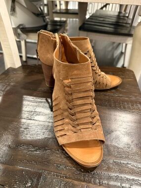 SARTO By Franco Sarto Tan Woven Suede Peep-Toe Block Heel Booties